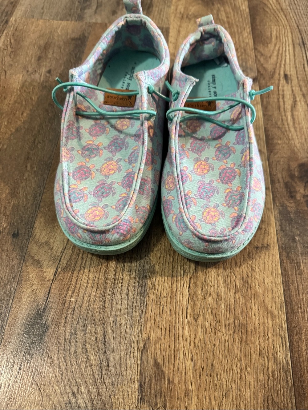 Simply Southern Mint Canvas Moccasins with Pink & Orange Floral Turtles
